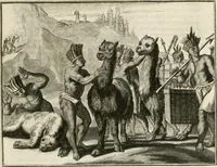 Picture 8 of 130 from De nieuwe en onbekende weereld, of, Beschryving van America en 't zuid-land : vervaetende d'oorsprong der Americaenen en zuid-landers, gedenkwaerdige togten derwaerds, gelegendheid der vaste kusten, eilanden, steden, sterkten, dorpen, tempels, bergen, fonteinen, stroomen, huisen, de natuur van beesten, boomen, planten en vreemde gewasschen, Gods-dienst en zeden, wonderlijke voorvallen, vereeuwde en nieuwe oorlogen: verciert met af-beeldsels na 't leven in America gemaekt, (1671), leaf 46