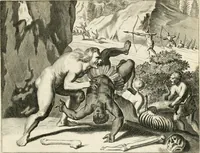 Picture 98 of 130 from De nieuwe en onbekende weereld, of, Beschryving van America en 't zuid-land : vervaetende d'oorsprong der Americaenen en zuid-landers, gedenkwaerdige togten derwaerds, gelegendheid der vaste kusten, eilanden, steden, sterkten, dorpen, tempels, bergen, fonteinen, stroomen, huisen, de natuur van beesten, boomen, planten en vreemde gewasschen, Gods-dienst en zeden, wonderlijke voorvallen, vereeuwde en nieuwe oorlogen: verciert met af-beeldsels na 't leven in America gemaekt, (1671), leaf 464