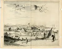 Picture 102 of 130 from De nieuwe en onbekende weereld, of, Beschryving van America en 't zuid-land : vervaetende d'oorsprong der Americaenen en zuid-landers, gedenkwaerdige togten derwaerds, gelegendheid der vaste kusten, eilanden, steden, sterkten, dorpen, tempels, bergen, fonteinen, stroomen, huisen, de natuur van beesten, boomen, planten en vreemde gewasschen, Gods-dienst en zeden, wonderlijke voorvallen, vereeuwde en nieuwe oorlogen: verciert met af-beeldsels na 't leven in America gemaekt, (1671), leaf 477