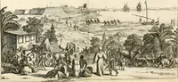 An illustration from De nieuwe en onbekende weereld, of, Beschryving van America en 't zuid-land : vervaetende d'oorsprong der Americaenen en zuid-landers, gedenkwaerdige togten derwaerds, gelegendheid der vaste kusten, eilanden, steden, sterkten, dorpen, tempels, bergen, fonteinen, stroomen, huisen, de natuur van beesten, boomen, planten en vreemde gewasschen, Gods-dienst en zeden, wonderlijke voorvallen, vereeuwde en nieuwe oorlogen: verciert met af-beeldsels na 't leven in America gemaekt, (1671)