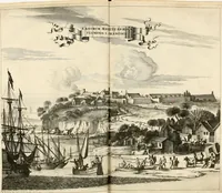 Picture 110 of 130 from De nieuwe en onbekende weereld, of, Beschryving van America en 't zuid-land : vervaetende d'oorsprong der Americaenen en zuid-landers, gedenkwaerdige togten derwaerds, gelegendheid der vaste kusten, eilanden, steden, sterkten, dorpen, tempels, bergen, fonteinen, stroomen, huisen, de natuur van beesten, boomen, planten en vreemde gewasschen, Gods-dienst en zeden, wonderlijke voorvallen, vereeuwde en nieuwe oorlogen: verciert met af-beeldsels na 't leven in America gemaekt, (1671), leaf 567