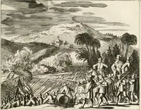 Picture 111 of 130 from De nieuwe en onbekende weereld, of, Beschryving van America en 't zuid-land : vervaetende d'oorsprong der Americaenen en zuid-landers, gedenkwaerdige togten derwaerds, gelegendheid der vaste kusten, eilanden, steden, sterkten, dorpen, tempels, bergen, fonteinen, stroomen, huisen, de natuur van beesten, boomen, planten en vreemde gewasschen, Gods-dienst en zeden, wonderlijke voorvallen, vereeuwde en nieuwe oorlogen: verciert met af-beeldsels na 't leven in America gemaekt, (1671), leaf 568