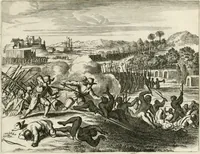 Picture 112 of 130 from De nieuwe en onbekende weereld, of, Beschryving van America en 't zuid-land : vervaetende d'oorsprong der Americaenen en zuid-landers, gedenkwaerdige togten derwaerds, gelegendheid der vaste kusten, eilanden, steden, sterkten, dorpen, tempels, bergen, fonteinen, stroomen, huisen, de natuur van beesten, boomen, planten en vreemde gewasschen, Gods-dienst en zeden, wonderlijke voorvallen, vereeuwde en nieuwe oorlogen: verciert met af-beeldsels na 't leven in America gemaekt, (1671), leaf 570