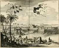 Picture 116 of 130 from De nieuwe en onbekende weereld, of, Beschryving van America en 't zuid-land : vervaetende d'oorsprong der Americaenen en zuid-landers, gedenkwaerdige togten derwaerds, gelegendheid der vaste kusten, eilanden, steden, sterkten, dorpen, tempels, bergen, fonteinen, stroomen, huisen, de natuur van beesten, boomen, planten en vreemde gewasschen, Gods-dienst en zeden, wonderlijke voorvallen, vereeuwde en nieuwe oorlogen: verciert met af-beeldsels na 't leven in America gemaekt, (1671), leaf 589