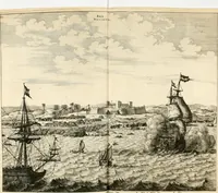Picture 117 of 130 from De nieuwe en onbekende weereld, of, Beschryving van America en 't zuid-land : vervaetende d'oorsprong der Americaenen en zuid-landers, gedenkwaerdige togten derwaerds, gelegendheid der vaste kusten, eilanden, steden, sterkten, dorpen, tempels, bergen, fonteinen, stroomen, huisen, de natuur van beesten, boomen, planten en vreemde gewasschen, Gods-dienst en zeden, wonderlijke voorvallen, vereeuwde en nieuwe oorlogen: verciert met af-beeldsels na 't leven in America gemaekt, (1671), leaf 593