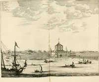 Picture 118 of 130 from De nieuwe en onbekende weereld, of, Beschryving van America en 't zuid-land : vervaetende d'oorsprong der Americaenen en zuid-landers, gedenkwaerdige togten derwaerds, gelegendheid der vaste kusten, eilanden, steden, sterkten, dorpen, tempels, bergen, fonteinen, stroomen, huisen, de natuur van beesten, boomen, planten en vreemde gewasschen, Gods-dienst en zeden, wonderlijke voorvallen, vereeuwde en nieuwe oorlogen: verciert met af-beeldsels na 't leven in America gemaekt, (1671), leaf 595