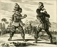 Picture 119 of 130 from De nieuwe en onbekende weereld, of, Beschryving van America en 't zuid-land : vervaetende d'oorsprong der Americaenen en zuid-landers, gedenkwaerdige togten derwaerds, gelegendheid der vaste kusten, eilanden, steden, sterkten, dorpen, tempels, bergen, fonteinen, stroomen, huisen, de natuur van beesten, boomen, planten en vreemde gewasschen, Gods-dienst en zeden, wonderlijke voorvallen, vereeuwde en nieuwe oorlogen: verciert met af-beeldsels na 't leven in America gemaekt, (1671), leaf 613