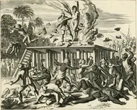 Picture 121 of 130 from De nieuwe en onbekende weereld, of, Beschryving van America en 't zuid-land : vervaetende d'oorsprong der Americaenen en zuid-landers, gedenkwaerdige togten derwaerds, gelegendheid der vaste kusten, eilanden, steden, sterkten, dorpen, tempels, bergen, fonteinen, stroomen, huisen, de natuur van beesten, boomen, planten en vreemde gewasschen, Gods-dienst en zeden, wonderlijke voorvallen, vereeuwde en nieuwe oorlogen: verciert met af-beeldsels na 't leven in America gemaekt, (1671), leaf 630