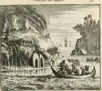 Picture 10 of 130 from De nieuwe en onbekende weereld, of, Beschryving van America en 't zuid-land : vervaetende d'oorsprong der Americaenen en zuid-landers, gedenkwaerdige togten derwaerds, gelegendheid der vaste kusten, eilanden, steden, sterkten, dorpen, tempels, bergen, fonteinen, stroomen, huisen, de natuur van beesten, boomen, planten en vreemde gewasschen, Gods-dienst en zeden, wonderlijke voorvallen, vereeuwde en nieuwe oorlogen: verciert met af-beeldsels na 't leven in America gemaekt, (1671), leaf 64