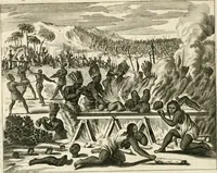 Picture 122 of 130 from De nieuwe en onbekende weereld, of, Beschryving van America en 't zuid-land : vervaetende d'oorsprong der Americaenen en zuid-landers, gedenkwaerdige togten derwaerds, gelegendheid der vaste kusten, eilanden, steden, sterkten, dorpen, tempels, bergen, fonteinen, stroomen, huisen, de natuur van beesten, boomen, planten en vreemde gewasschen, Gods-dienst en zeden, wonderlijke voorvallen, vereeuwde en nieuwe oorlogen: verciert met af-beeldsels na 't leven in America gemaekt, (1671), leaf 645