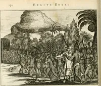 Picture 11 of 130 from De nieuwe en onbekende weereld, of, Beschryving van America en 't zuid-land : vervaetende d'oorsprong der Americaenen en zuid-landers, gedenkwaerdige togten derwaerds, gelegendheid der vaste kusten, eilanden, steden, sterkten, dorpen, tempels, bergen, fonteinen, stroomen, huisen, de natuur van beesten, boomen, planten en vreemde gewasschen, Gods-dienst en zeden, wonderlijke voorvallen, vereeuwde en nieuwe oorlogen: verciert met af-beeldsels na 't leven in America gemaekt, (1671), leaf 67