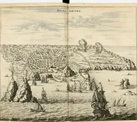 Picture 12 of 130 from De nieuwe en onbekende weereld, of, Beschryving van America en 't zuid-land : vervaetende d'oorsprong der Americaenen en zuid-landers, gedenkwaerdige togten derwaerds, gelegendheid der vaste kusten, eilanden, steden, sterkten, dorpen, tempels, bergen, fonteinen, stroomen, huisen, de natuur van beesten, boomen, planten en vreemde gewasschen, Gods-dienst en zeden, wonderlijke voorvallen, vereeuwde en nieuwe oorlogen: verciert met af-beeldsels na 't leven in America gemaekt, (1671), leaf 69