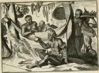 Picture 14 of 130 from De nieuwe en onbekende weereld, of, Beschryving van America en 't zuid-land : vervaetende d'oorsprong der Americaenen en zuid-landers, gedenkwaerdige togten derwaerds, gelegendheid der vaste kusten, eilanden, steden, sterkten, dorpen, tempels, bergen, fonteinen, stroomen, huisen, de natuur van beesten, boomen, planten en vreemde gewasschen, Gods-dienst en zeden, wonderlijke voorvallen, vereeuwde en nieuwe oorlogen: verciert met af-beeldsels na 't leven in America gemaekt, (1671), leaf 76