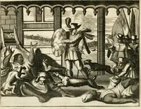 Picture 17 of 130 from De nieuwe en onbekende weereld, of, Beschryving van America en 't zuid-land : vervaetende d'oorsprong der Americaenen en zuid-landers, gedenkwaerdige togten derwaerds, gelegendheid der vaste kusten, eilanden, steden, sterkten, dorpen, tempels, bergen, fonteinen, stroomen, huisen, de natuur van beesten, boomen, planten en vreemde gewasschen, Gods-dienst en zeden, wonderlijke voorvallen, vereeuwde en nieuwe oorlogen: verciert met af-beeldsels na 't leven in America gemaekt, (1671), leaf 87