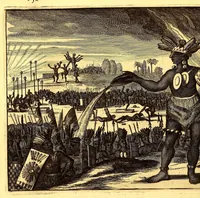 Picture 17 of 63 from De Nieuwe en onbekende Weereld: of Beschryving van America en 't Zuid-Land, : vervaetende d'oorsprong der Americænen en Zuid-Landers, gedenkwaerdige togten derwaerds, gelegendheid der vaste kusten, eilanden, steden, sterkten, dorpen, tempels, bergen, fonteinen, stroomen, huisen, de natuur van beesten, boomen, planten en vreemde gewasschen, gods-dienst en zeden, wonderlijke voorvallen, vereeuwde en nieuwe oorloogen: Verciert met af-beeldsels na 't leven in America gemaekt, (1671), leaf 202