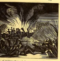 Picture 22 of 63 from De Nieuwe en onbekende Weereld: of Beschryving van America en 't Zuid-Land, : vervaetende d'oorsprong der Americænen en Zuid-Landers, gedenkwaerdige togten derwaerds, gelegendheid der vaste kusten, eilanden, steden, sterkten, dorpen, tempels, bergen, fonteinen, stroomen, huisen, de natuur van beesten, boomen, planten en vreemde gewasschen, gods-dienst en zeden, wonderlijke voorvallen, vereeuwde en nieuwe oorloogen: Verciert met af-beeldsels na 't leven in America gemaekt, (1671), leaf 283
