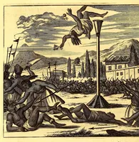 Picture 26 of 63 from De Nieuwe en onbekende Weereld: of Beschryving van America en 't Zuid-Land, : vervaetende d'oorsprong der Americænen en Zuid-Landers, gedenkwaerdige togten derwaerds, gelegendheid der vaste kusten, eilanden, steden, sterkten, dorpen, tempels, bergen, fonteinen, stroomen, huisen, de natuur van beesten, boomen, planten en vreemde gewasschen, gods-dienst en zeden, wonderlijke voorvallen, vereeuwde en nieuwe oorloogen: Verciert met af-beeldsels na 't leven in America gemaekt, (1671), leaf 330