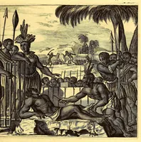 Picture 27 of 63 from De Nieuwe en onbekende Weereld: of Beschryving van America en 't Zuid-Land, : vervaetende d'oorsprong der Americænen en Zuid-Landers, gedenkwaerdige togten derwaerds, gelegendheid der vaste kusten, eilanden, steden, sterkten, dorpen, tempels, bergen, fonteinen, stroomen, huisen, de natuur van beesten, boomen, planten en vreemde gewasschen, gods-dienst en zeden, wonderlijke voorvallen, vereeuwde en nieuwe oorloogen: Verciert met af-beeldsels na 't leven in America gemaekt, (1671), leaf 343