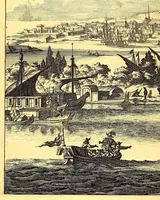 An illustration from De Nieuwe en onbekende Weereld: of Beschryving van America en 't Zuid-Land, : vervaetende d'oorsprong der Americænen en Zuid-Landers, gedenkwaerdige togten derwaerds, gelegendheid der vaste kusten, eilanden, steden, sterkten, dorpen, tempels, bergen, fonteinen, stroomen, huisen, de natuur van beesten, boomen, planten en vreemde gewasschen, gods-dienst en zeden, wonderlijke voorvallen, vereeuwde en nieuwe oorloogen: Verciert met af-beeldsels na 't leven in America gemaekt, (1671)