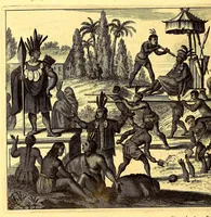 An illustration from De Nieuwe en onbekende Weereld: of Beschryving van America en 't Zuid-Land, : vervaetende d'oorsprong der Americænen en Zuid-Landers, gedenkwaerdige togten derwaerds, gelegendheid der vaste kusten, eilanden, steden, sterkten, dorpen, tempels, bergen, fonteinen, stroomen, huisen, de natuur van beesten, boomen, planten en vreemde gewasschen, gods-dienst en zeden, wonderlijke voorvallen, vereeuwde en nieuwe oorloogen: Verciert met af-beeldsels na 't leven in America gemaekt, (1671)