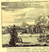 An illustration from De Nieuwe en onbekende Weereld: of Beschryving van America en 't Zuid-Land, : vervaetende d'oorsprong der Americænen en Zuid-Landers, gedenkwaerdige togten derwaerds, gelegendheid der vaste kusten, eilanden, steden, sterkten, dorpen, tempels, bergen, fonteinen, stroomen, huisen, de natuur van beesten, boomen, planten en vreemde gewasschen, gods-dienst en zeden, wonderlijke voorvallen, vereeuwde en nieuwe oorloogen: Verciert met af-beeldsels na 't leven in America gemaekt, (1671)