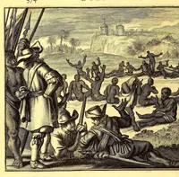 Picture 42 of 63 from De Nieuwe en onbekende Weereld: of Beschryving van America en 't Zuid-Land, : vervaetende d'oorsprong der Americænen en Zuid-Landers, gedenkwaerdige togten derwaerds, gelegendheid der vaste kusten, eilanden, steden, sterkten, dorpen, tempels, bergen, fonteinen, stroomen, huisen, de natuur van beesten, boomen, planten en vreemde gewasschen, gods-dienst en zeden, wonderlijke voorvallen, vereeuwde en nieuwe oorloogen: Verciert met af-beeldsels na 't leven in America gemaekt, (1671), leaf 510