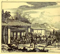 Picture 44 of 63 from De Nieuwe en onbekende Weereld: of Beschryving van America en 't Zuid-Land, : vervaetende d'oorsprong der Americænen en Zuid-Landers, gedenkwaerdige togten derwaerds, gelegendheid der vaste kusten, eilanden, steden, sterkten, dorpen, tempels, bergen, fonteinen, stroomen, huisen, de natuur van beesten, boomen, planten en vreemde gewasschen, gods-dienst en zeden, wonderlijke voorvallen, vereeuwde en nieuwe oorloogen: Verciert met af-beeldsels na 't leven in America gemaekt, (1671), leaf 526