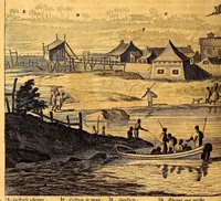 An illustration from De Nieuwe en onbekende Weereld: of Beschryving van America en 't Zuid-Land, : vervaetende d'oorsprong der Americænen en Zuid-Landers, gedenkwaerdige togten derwaerds, gelegendheid der vaste kusten, eilanden, steden, sterkten, dorpen, tempels, bergen, fonteinen, stroomen, huisen, de natuur van beesten, boomen, planten en vreemde gewasschen, gods-dienst en zeden, wonderlijke voorvallen, vereeuwde en nieuwe oorloogen: Verciert met af-beeldsels na 't leven in America gemaekt, (1671)