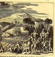 An illustration from De Nieuwe en onbekende Weereld: of Beschryving van America en 't Zuid-Land, : vervaetende d'oorsprong der Americænen en Zuid-Landers, gedenkwaerdige togten derwaerds, gelegendheid der vaste kusten, eilanden, steden, sterkten, dorpen, tempels, bergen, fonteinen, stroomen, huisen, de natuur van beesten, boomen, planten en vreemde gewasschen, gods-dienst en zeden, wonderlijke voorvallen, vereeuwde en nieuwe oorloogen: Verciert met af-beeldsels na 't leven in America gemaekt, (1671)