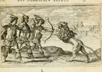 An illustration from Den onderganck des roomschen arents door den noordschen leeuw : af-ghebeeldt in verscheyden konstige figuren, met sin-rijcke verklaringhen der selver, beydes in en buyten rijm ... met een verhael van den doodt des koninghs (1642)