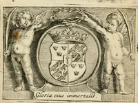 An illustration from Den onderganck des roomschen arents door den noordschen leeuw : af-ghebeeldt in verscheyden konstige figuren, met sin-rijcke verklaringhen der selver, beydes in en buyten rijm ... met een verhael van den doodt des koninghs (1642)