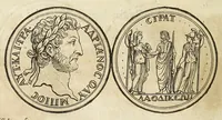 An illustration from De nummo Pantheo Hadriani Imperatoris, ad ill[uminati]mum Spanhemium dissertatio : in qua praeter nonnulla de consecrationibus veterum, illarúmque origine, peculiaris quaedam instituitur comparatio inter Hadrianum, & Alexandrum M. multáque illis communia demonstrantur (1690)
