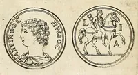 An illustration from De nummo Pantheo Hadriani Imperatoris, ad ill[uminati]mum Spanhemium dissertatio : in qua praeter nonnulla de consecrationibus veterum, illarúmque origine, peculiaris quaedam instituitur comparatio inter Hadrianum, & Alexandrum M. multáque illis communia demonstrantur (1690)