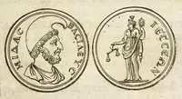 An illustration from De nummo Pantheo Hadriani Imperatoris, ad ill[uminati]mum Spanhemium dissertatio : in qua praeter nonnulla de consecrationibus veterum, illarúmque origine, peculiaris quaedam instituitur comparatio inter Hadrianum, & Alexandrum M. multáque illis communia demonstrantur (1690)