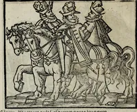 An illustration from De nuptiis illustris ac generosi Domini, Dom. Iohannis Georgii, Comitis a Zollern, serenissimi vtriusque Bauariae Ducis, Maxaemiliani consiliarij, &c. illustris & generosi Domini, Dom. Italo Friderici, Comitis à Zollern, Sigmaringen & Veringen, Domini in Haigerloch & Wehrstain, Romani Imperij Cubicularij haereditarij, Sacrae Caes. Maiestatis consiliarij intimi, &c. filii vnicè dilecti, Dominorum suorum clementissimorum, cum illustri et generosa Domina, Do. Francisca, illustris & generosi Domini, Dom. Friderici Vvild, Comitis in Thaumb & Kyrburg, Comitis Rheinensis in Stain, Comitis à Salm, & Domini in Vinstingen, &c. filia : celebratis Hechingae XI. Octobris, anno salutis M. D. IIC. libri septem : versu heroico (1601)