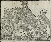 An illustration from De nuptiis illustris ac generosi Domini, Dom. Iohannis Georgii, Comitis a Zollern, serenissimi vtriusque Bauariae Ducis, Maxaemiliani consiliarij, &c. illustris & generosi Domini, Dom. Italo Friderici, Comitis à Zollern, Sigmaringen & Veringen, Domini in Haigerloch & Wehrstain, Romani Imperij Cubicularij haereditarij, Sacrae Caes. Maiestatis consiliarij intimi, &c. filii vnicè dilecti, Dominorum suorum clementissimorum, cum illustri et generosa Domina, Do. Francisca, illustris & generosi Domini, Dom. Friderici Vvild, Comitis in Thaumb & Kyrburg, Comitis Rheinensis in Stain, Comitis à Salm, & Domini in Vinstingen, &c. filia : celebratis Hechingae XI. Octobris, anno salutis M. D. IIC. libri septem : versu heroico (1601)