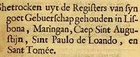 An illustration from De Portogysen goeden buyrman. : Ghetrocken uyt de registers van syn goet gebuerschap gehouden in Lisbona, Maringan, Caep Sint Augustijn, Sint Paulo de Loando, en Sant Tomée. Dienende tot antwoort op het ongefondeerde Brasyls-Schuyt-praetjen, weest onnosel als de duyven, en voorsichtich als de slangen (1649)