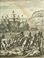An illustration from De rampspoedige scheepvaart der Franschen naar Oostindien, onder 't beleit van de Heer Generaal Augustyn van Beaulieu, met drie schepen, uit Normandyen. Daar in hy vertoont, niet alleenlijk de rampen en tegenspoeden die hem in deze reis overgekomen zijn, en 't verlies van twee zijner schepen, in deze tocht verloren: maar ook veel aanmerkelijke beschrijvingen der plaatsen, daar hy geweest heeft, zijn handelingen met d'inwoonders, hun wetten, zeden en gewoonten (1669)
