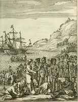 An illustration from De rampspoedige scheepvaart der Franschen naar Oostindien, onder 't beleit van de Heer Generaal Augustyn van Beaulieu, met drie schepen, uit Normandyen. Daar in hy vertoont, niet alleenlijk de rampen en tegenspoeden die hem in deze reis overgekomen zijn, en 't verlies van twee zijner schepen, in deze tocht verloren: maar ook veel aanmerkelijke beschrijvingen der plaatsen, daar hy geweest heeft, zijn handelingen met d'inwoonders, hun wetten, zeden en gewoonten (1669)