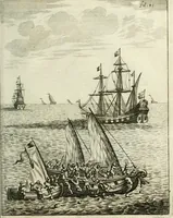 Picture 5 of 11 from De rampspoedige scheepvaart der Franschen naar Oostindien, onder 't beleit van de Heer Generaal Augustyn van Beaulieu, met drie schepen, uit Normandyen. Daar in hy vertoont, niet alleenlijk de rampen en tegenspoeden die hem in deze reis overgekomen zijn, en 't verlies van twee zijner schepen, in deze tocht verloren: maar ook veel aanmerkelijke beschrijvingen der plaatsen, daar hy geweest heeft, zijn handelingen met d'inwoonders, hun wetten, zeden en gewoonten (1669), leaf 50