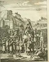 An illustration from De rampspoedige scheepvaart der Franschen naar Oostindien, onder 't beleit van de Heer Generaal Augustyn van Beaulieu, met drie schepen, uit Normandyen. Daar in hy vertoont, niet alleenlijk de rampen en tegenspoeden die hem in deze reis overgekomen zijn, en 't verlies van twee zijner schepen, in deze tocht verloren: maar ook veel aanmerkelijke beschrijvingen der plaatsen, daar hy geweest heeft, zijn handelingen met d'inwoonders, hun wetten, zeden en gewoonten (1669)