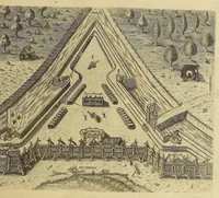 An illustration from Der ander Theyl, der newlich erfundenen Landtschafft Americae, von dreyen Schiffahrten, so die Frantzosen in Floridam (die gegen Nidergang gelegen) gethan. : Eine vnter dem Häuptmann H. Laudonniere, Anno 1564. Die ander vnter H. Ribald 1565. Die dritte, vnter H. Guorguesio 1567. geschehen. Mit Beschreibung vnd lebendiger Contrafactur, dieser Provintze, Gestalt, Sitten vnd Gebräuch der Wilden, (1591)