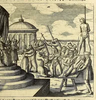 An illustration from Der dreyzehende Theil der Orientalischen Indien, darinnen beneben etlichen newen, gedenckwürdigen Schiffarten vnd Reysen, so von vnterschiedlichen Völckern, sonderlich den Portugesen, Englischen vnd Holländern, in Ost Indien, vnd dem anstossende Königreich, vom Jahr 1615. biss vff 1628. verrichtet worden. : Auch insonderheit andere biss anhero unbekandte Königreich vnnd Länder, sonderlich das Königreich Indostan, oder dess grossen Mogols, Königreich China, Persien, wie auch Moscaw, Reussen, Groenlandt, Tartarey, Algier, und andere angräntzenden Provintzen, von newem beschrieben, und mit erst erfundenen Landtaffeln vor Augen gestellet worden. Alles mit sonderbaren schönen Kupfferstücken gezieret. Mit Köm. Keys. Maj. Freyheit begnadet (1628)