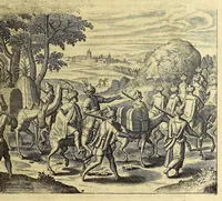 An illustration from Der dreyzehende Theil der Orientalischen Indien, darinnen beneben etlichen newen, gedenckwürdigen Schiffarten vnd Reysen, so von vnterschiedlichen Völckern, sonderlich den Portugesen, Englischen vnd Holländern, in Ost Indien, vnd dem anstossende Königreich, vom Jahr 1615. biss vff 1628. verrichtet worden. : Auch insonderheit andere biss anhero unbekandte Königreich vnnd Länder, sonderlich das Königreich Indostan, oder dess grossen Mogols, Königreich China, Persien, wie auch Moscaw, Reussen, Groenlandt, Tartarey, Algier, und andere angräntzenden Provintzen, von newem beschrieben, und mit erst erfundenen Landtaffeln vor Augen gestellet worden. Alles mit sonderbaren schönen Kupfferstücken gezieret. Mit Köm. Keys. Maj. Freyheit begnadet (1628)