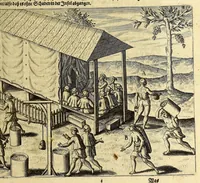 An illustration from Der dreyzehende Theil der Orientalischen Indien, darinnen beneben etlichen newen, gedenckwürdigen Schiffarten vnd Reysen, so von vnterschiedlichen Völckern, sonderlich den Portugesen, Englischen vnd Holländern, in Ost Indien, vnd dem anstossende Königreich, vom Jahr 1615. biss vff 1628. verrichtet worden. : Auch insonderheit andere biss anhero unbekandte Königreich vnnd Länder, sonderlich das Königreich Indostan, oder dess grossen Mogols, Königreich China, Persien, wie auch Moscaw, Reussen, Groenlandt, Tartarey, Algier, und andere angräntzenden Provintzen, von newem beschrieben, und mit erst erfundenen Landtaffeln vor Augen gestellet worden. Alles mit sonderbaren schönen Kupfferstücken gezieret. Mit Köm. Keys. Maj. Freyheit begnadet (1628)