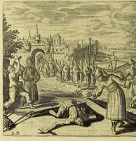 An illustration from Der dreyzehende Theil der Orientalischen Indien, darinnen beneben etlichen newen, gedenckwürdigen Schiffarten vnd Reysen, so von vnterschiedlichen Völckern, sonderlich den Portugesen, Englischen vnd Holländern, in Ost Indien, vnd dem anstossende Königreich, vom Jahr 1615. biss vff 1628. verrichtet worden. : Auch insonderheit andere biss anhero unbekandte Königreich vnnd Länder, sonderlich das Königreich Indostan, oder dess grossen Mogols, Königreich China, Persien, wie auch Moscaw, Reussen, Groenlandt, Tartarey, Algier, und andere angräntzenden Provintzen, von newem beschrieben, und mit erst erfundenen Landtaffeln vor Augen gestellet worden. Alles mit sonderbaren schönen Kupfferstücken gezieret. Mit Köm. Keys. Maj. Freyheit begnadet (1628)