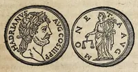 An illustration from De re monetaria vetervm Romanorvm et hodierni apvd Germanos Imperii, libri duo Marquardi Freheri ... : accedit Nicolai Oresmii ... De origine & potestate nec non de mutatione monetarum, liber subtilissimus : cum succincto tractatu eiusdem argumenti Gabrielis Byel, & notis in vtrumque locupletissimis (1605)