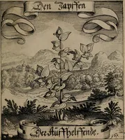 An illustration from Der Fruchtbringenden Geselschaft Nahmen, Vorhaben, Gemählde und Wörter : nach jedes Einnahme ordentlich in Kupfer gestochen, und in achtzeilige Reimgesetze verfasset (1646)