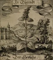 An illustration from Der Fruchtbringenden Geselschaft Nahmen, Vorhaben, Gemählde und Wörter : nach jedes Einnahme ordentlich in Kupfer gestochen, und in achtzeilige Reimgesetze verfasset (1646)