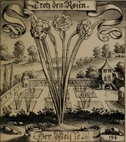 An illustration from Der Fruchtbringenden Geselschaft Nahmen, Vorhaben, Gemählde und Wörter : nach jedes Einnahme ordentlich in Kupfer gestochen, und in achtzeilige Reimgesetze verfasset (1646)